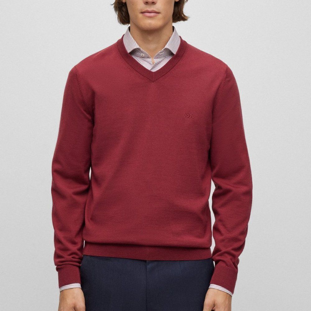 Hugo Boss Mens Sz XL Dark Burgundy Wool Pullover Fitted Sweater Lightweight Knit - Picture 2 of 16